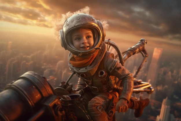 ロケットに乗る宇宙服のヘルメットをかぶった子供、美しい生成 AI AIG32