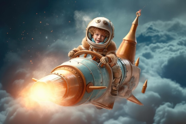 kid in spacesuit helmet riding on a rocket beautiful Generative AI AIG32