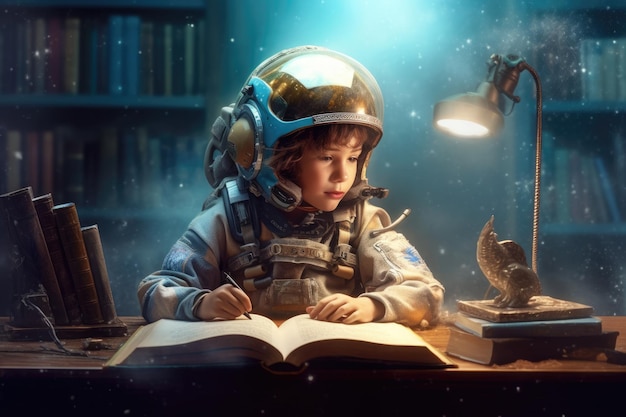 kid in spacesuit helmet sitting at study desk studying astrology above clouds beautiful Generative AI AIG32