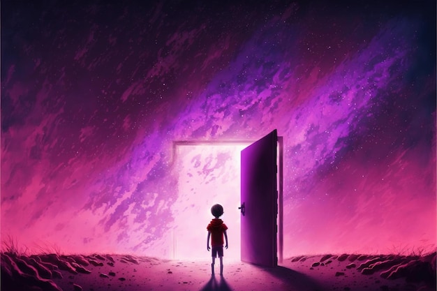 A kid standing in front of the glowing purple entrance to go to another place digital art style illustration painting fantasy concept of a boy standing near magic portal