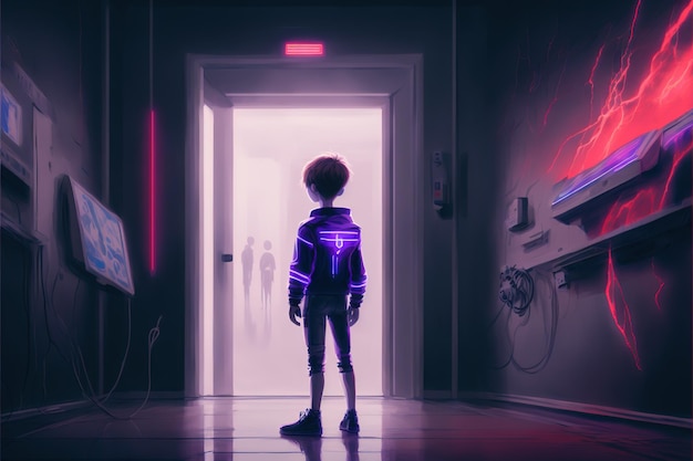 A kid standing in front of the glowing purple entrance to go to another place digital art style illustration painting fantasy concept of a boy standing near magic portal