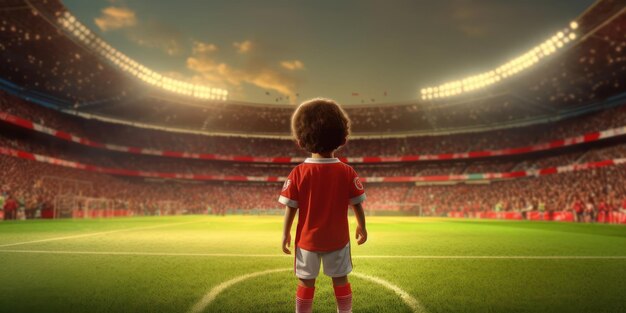 Kid Standing in Soccer Stadium Future Dream to Be a Professional Footballer Generative AI