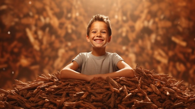 A kid standing with a wooden background
