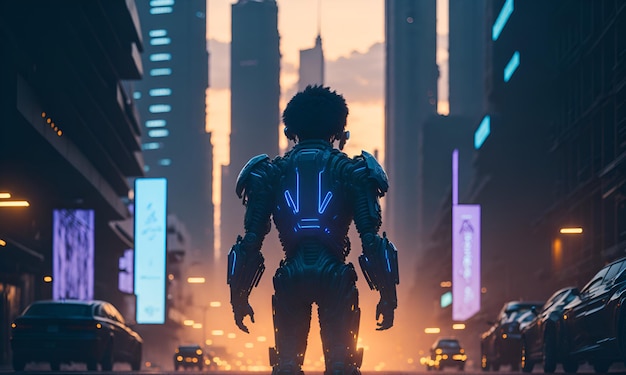 A kid stands in a street in front of a city with a neon cyberpunk background