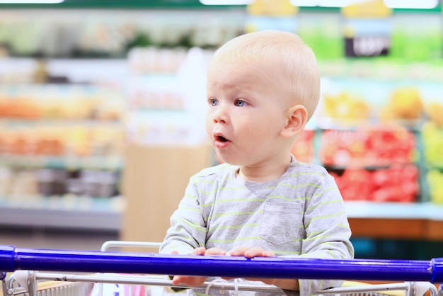 kid in the store on the grocery cart is a small customer