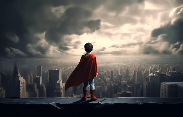 kid superhero WIth Red Cape Blowing in the Wind Walks on the Roof of a Skyscraper courage