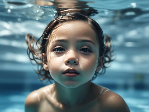 Photo kid swimming underwater in pool blue sea water child boy swimming in sea