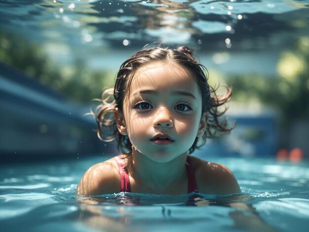 Kid swimming underwater in pool blue sea water child boy swimming in sea