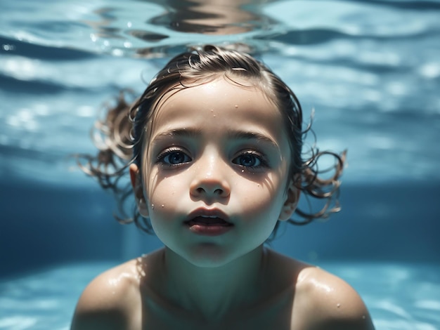 Kid swimming underwater in pool blue sea water child boy swimming in sea