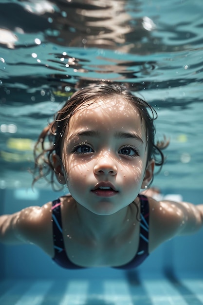 Kid swimming underwater in pool blue sea water child boy swimming in sea