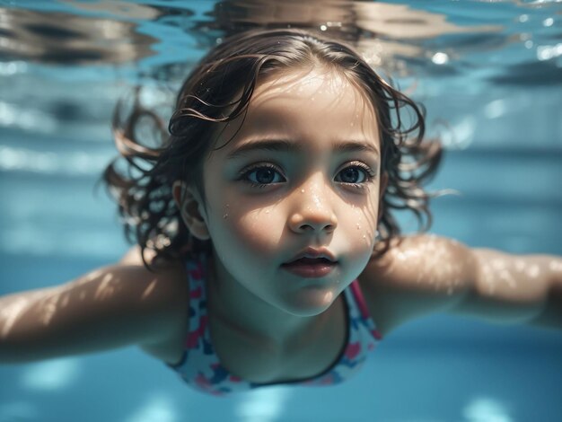 Foto bambino che nuota sott'acqua nella piscina di acqua di mare blu bambino che nuota in mare