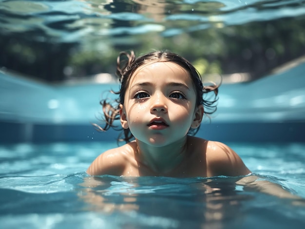 Kid swimming underwater in pool blue sea water child boy swimming in sea