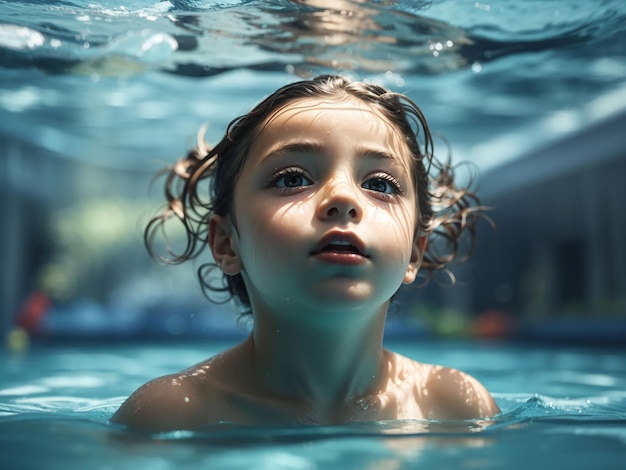 Kid swimming underwater in pool blue sea water child boy swimming in sea