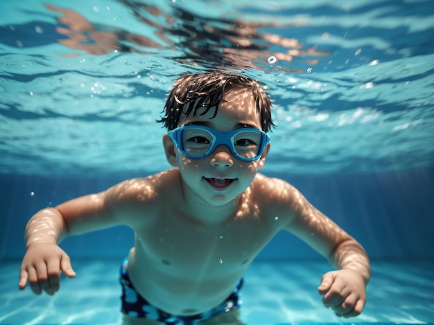 Kid swimming underwater in pool blue sea water child boy swimming in sea