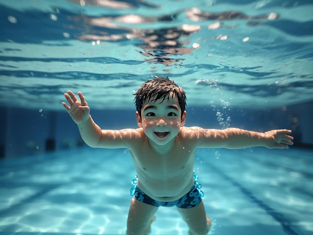 Kid swimming underwater in pool blue sea water child boy swimming in sea