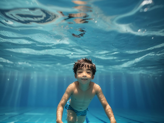 Kid swimming underwater in pool blue sea water child boy swimming in sea