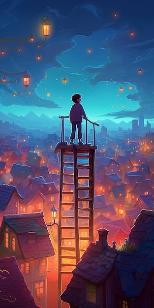 A kid on top of a ladder looking at the magical town going to sleep vivid night colorful lighting realistic Generative AI