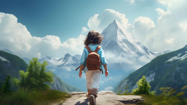 Photo a kid in a the top of a mountain concept ai