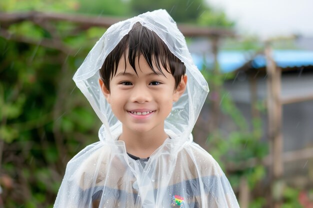 Photo kid in transparent rain slicker smiling at camera