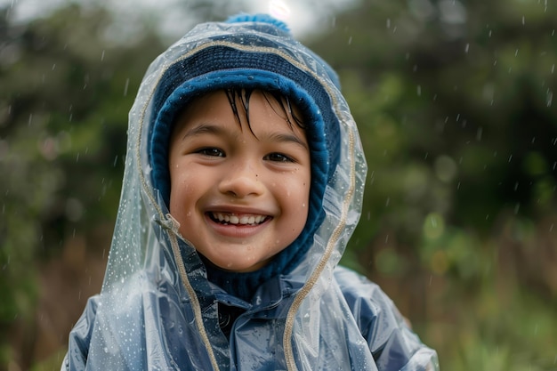 Photo kid in transparent rain slicker smiling at camera