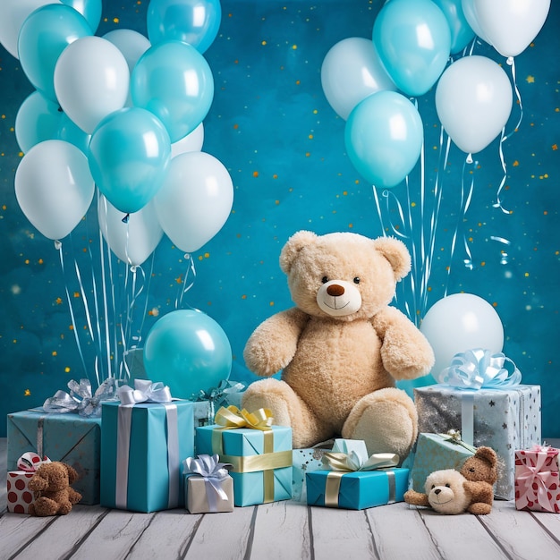 Kid verjaardagsfeestje thema achtergrond met ballonnen en een teddybeer zittend op geschenken