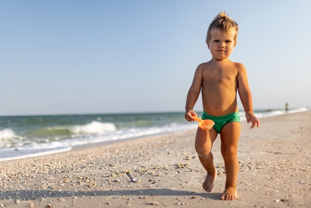 Kid verzamelt schelpen en kiezels in de zee op een zandbodem onder de zomerzon op vakantie