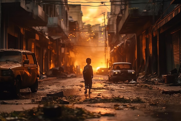 Фото Ребенок, идущий по улице города, разрушенного войной, сгенерирован ai