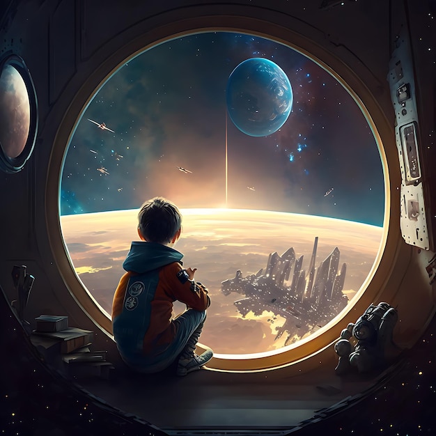 Kid watching earth from a spaceship oil painting