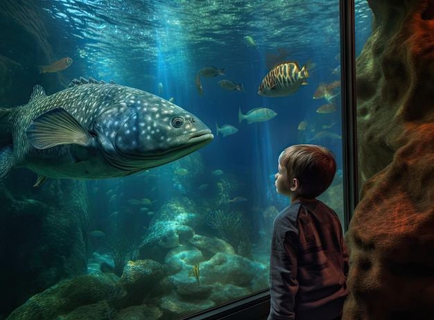 海洋水族館で泳ぐ魚の群れを見ている子供