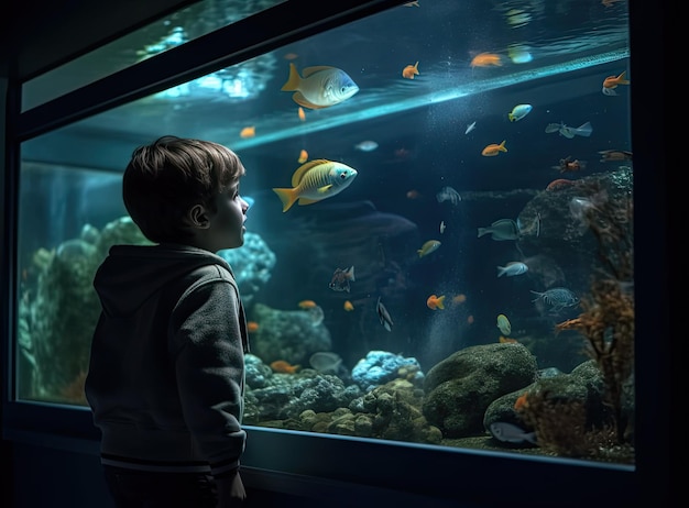 海洋水族館で泳ぐ魚の群れを見ている子供