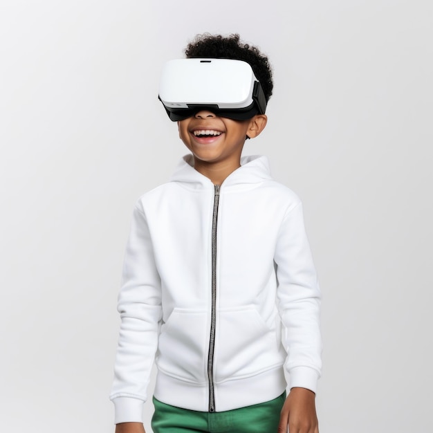 Kid wear visual goggle enjoying virtual reality in white background