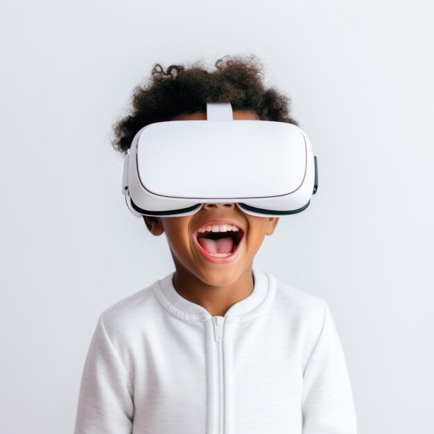 Kid wear visual goggle enjoying virtual reality in white background