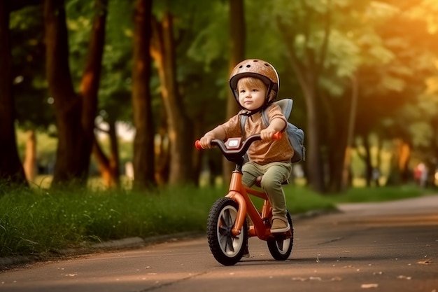 Kid wearing protective helmet rides a bicycle outdoors