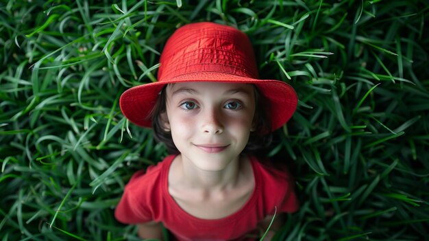 A kid wearing a red hat against a backdrop of green grass