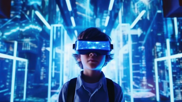 A kid wearing virtual reality glasses