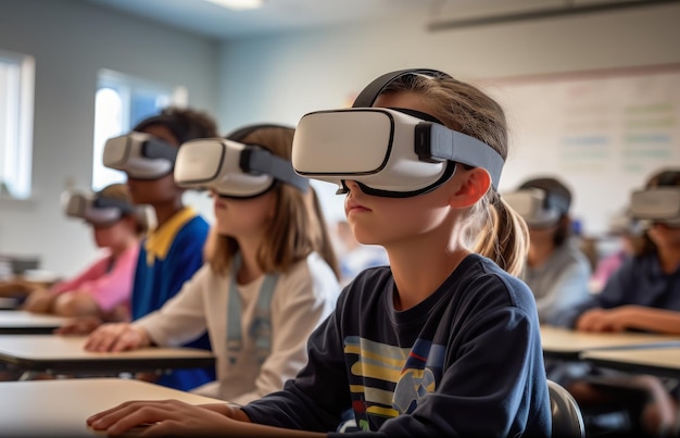 学校で VR グーグルを装着した子供学校環境における教育技術と e ラーニングのコンセプト画像