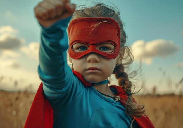 ребенок носит маску супергероя и поднимает кулак к небу