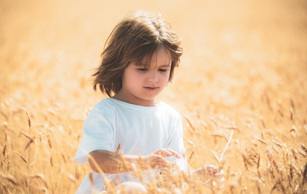 Kid at wheat field with harvest grain Wheat is a cereal plant Kid portrait on farmland Happy little farmer having fun on summer field American farm life Summertime for kids on the ranch