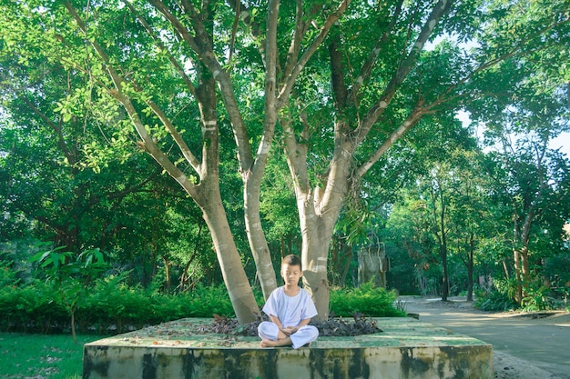 kid on white clothing , practice sitting Meditation under the big tree with peace in mind 