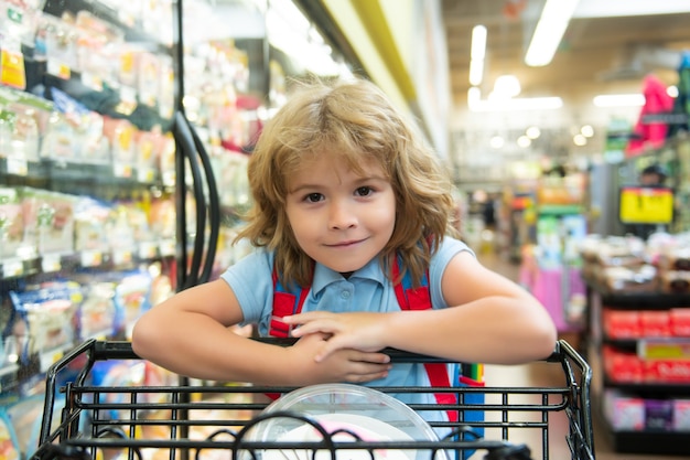 Малыш с корзиной для покупок, покупающей еду в продуктовом магазине. ребенок клиентов покупает продукты в супермаркете.