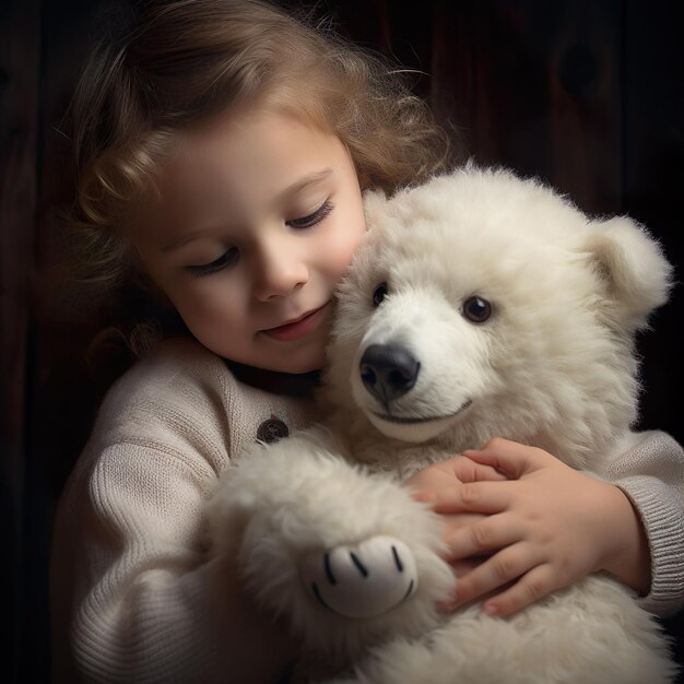 A kid with a teddy in his arms