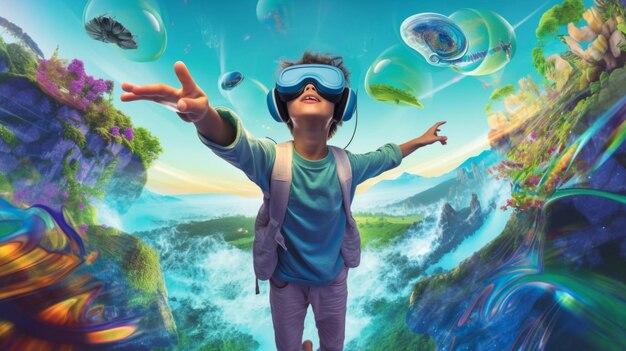 A Kid with VR glasses in some fantastic imaginative gaming world Ai generated