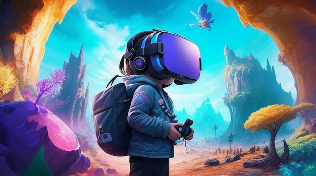 A kid with vr glasses in some fantastic imaginative gaming world