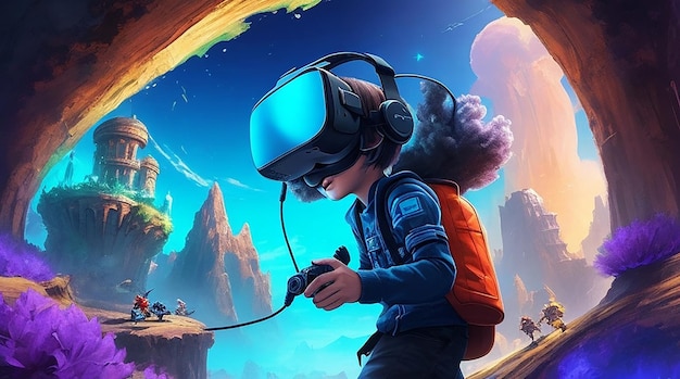 A Kid with VR glasses in some fantastic imaginative gaming world