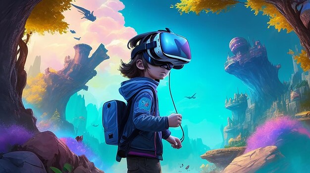 A Kid with VR glasses in some fantastic imaginative gaming world