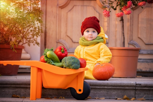 Il ragazzo con una tuta gialla guida un'auto giocattolo piena di verdure tra grandi zucche alla fiera autunnale