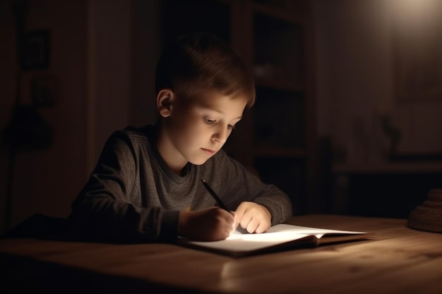 Kid zelfisolatie met behulp van tablet voor zijn huiswerkKind doet het gebruik van digitale tablet-zoekinformatie