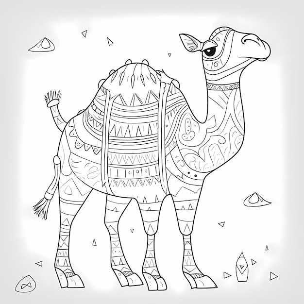 Foto pagina da colorare amichevole per bambini baby camel adventure in bianco e nero con cartoon carino