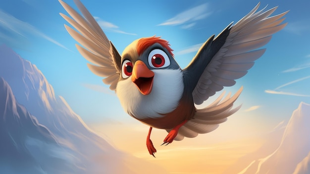 Photo kidfriendly cartoon sparrow with red tail soaring through the sky