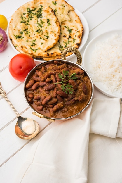 Kidney bean curry or rajma rice or rajmah chawal and roti, typical north indian main course, selective focus